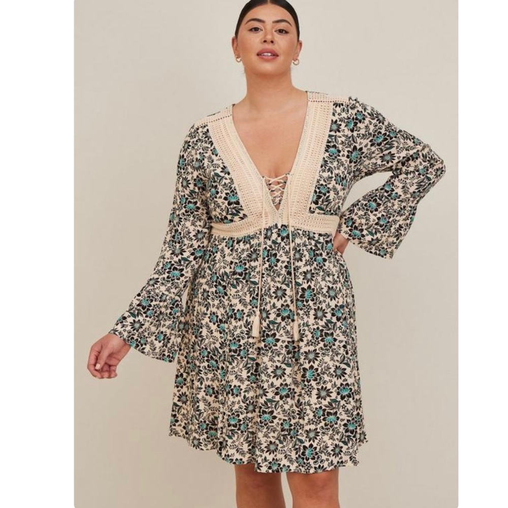 Torrid Mini Gauze Lace-Up Skater Dress floral boho